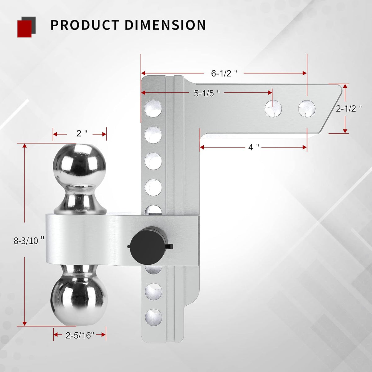 Adjustable Trailer Hitch Ball Mount, 2.5-Inch Receiver, 8-Inch Drop, Forged Aluminum Shank, 2-Inch and 2-5/16-Inch Combo Stainless Steel Tow Balls with Double Pin Key Locks N375