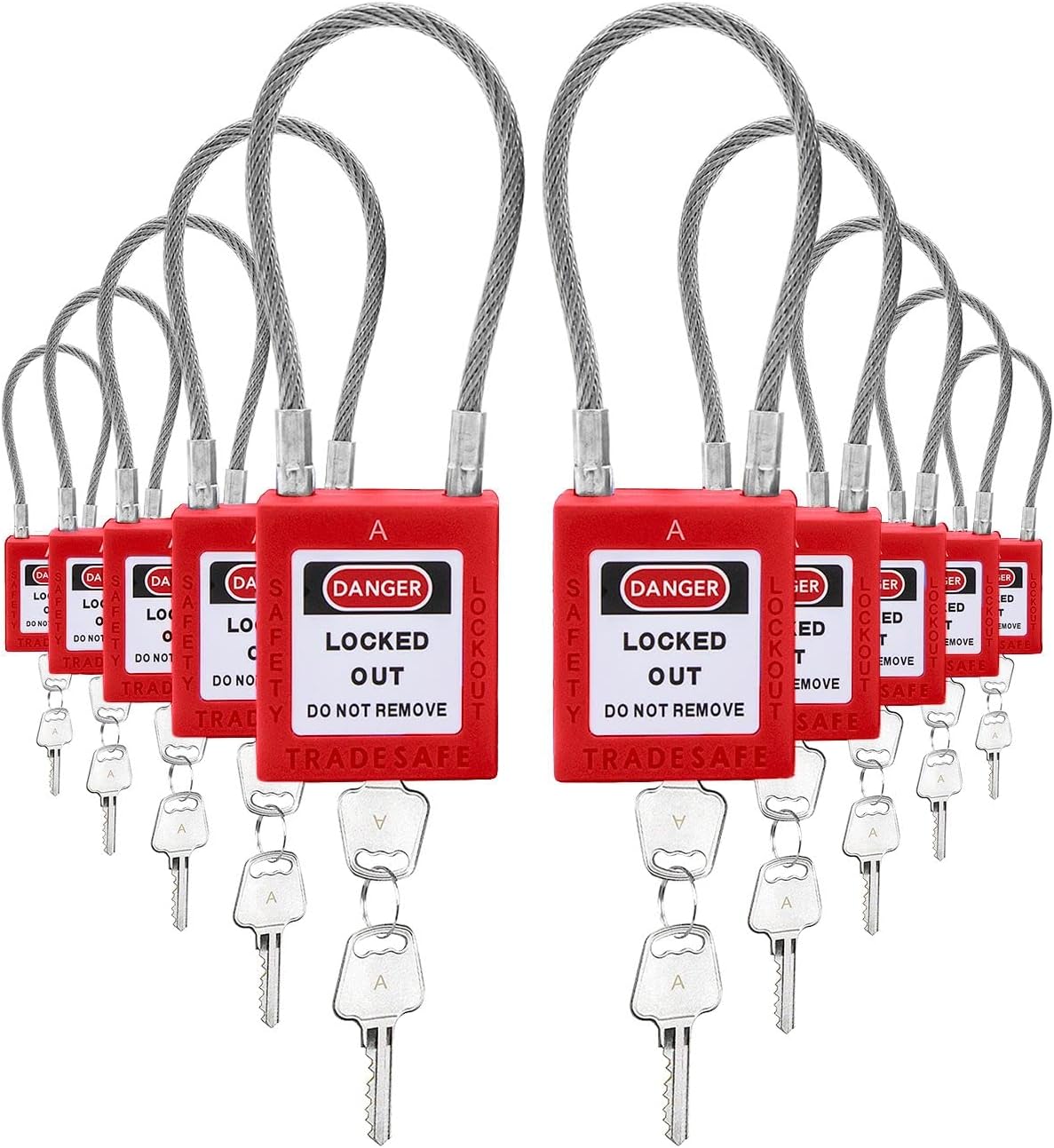 Steel Cable Lockout Padlock Set, Red, 2 Keys per Lock, Pack of 2 O46569