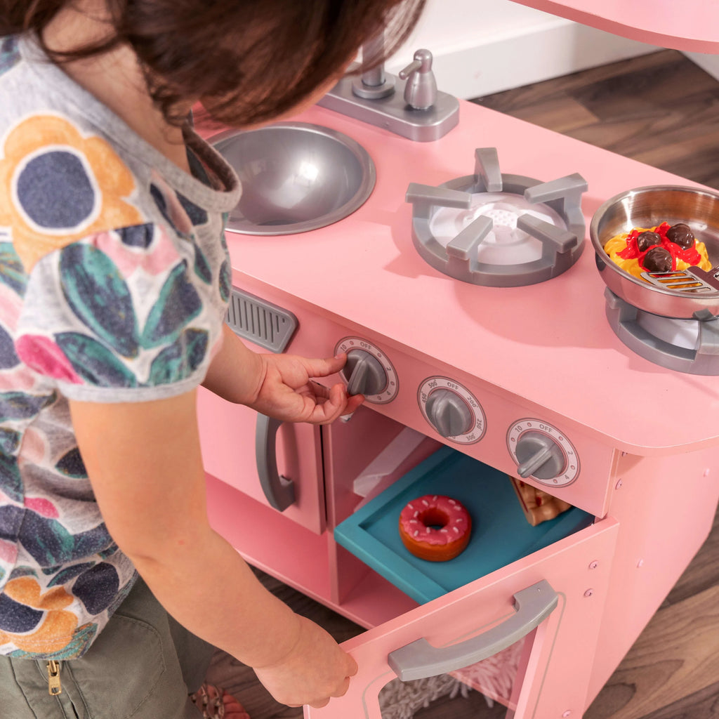 Pink Wooden Play Kitchen with Pretend Ice Maker and Play Phone J86006