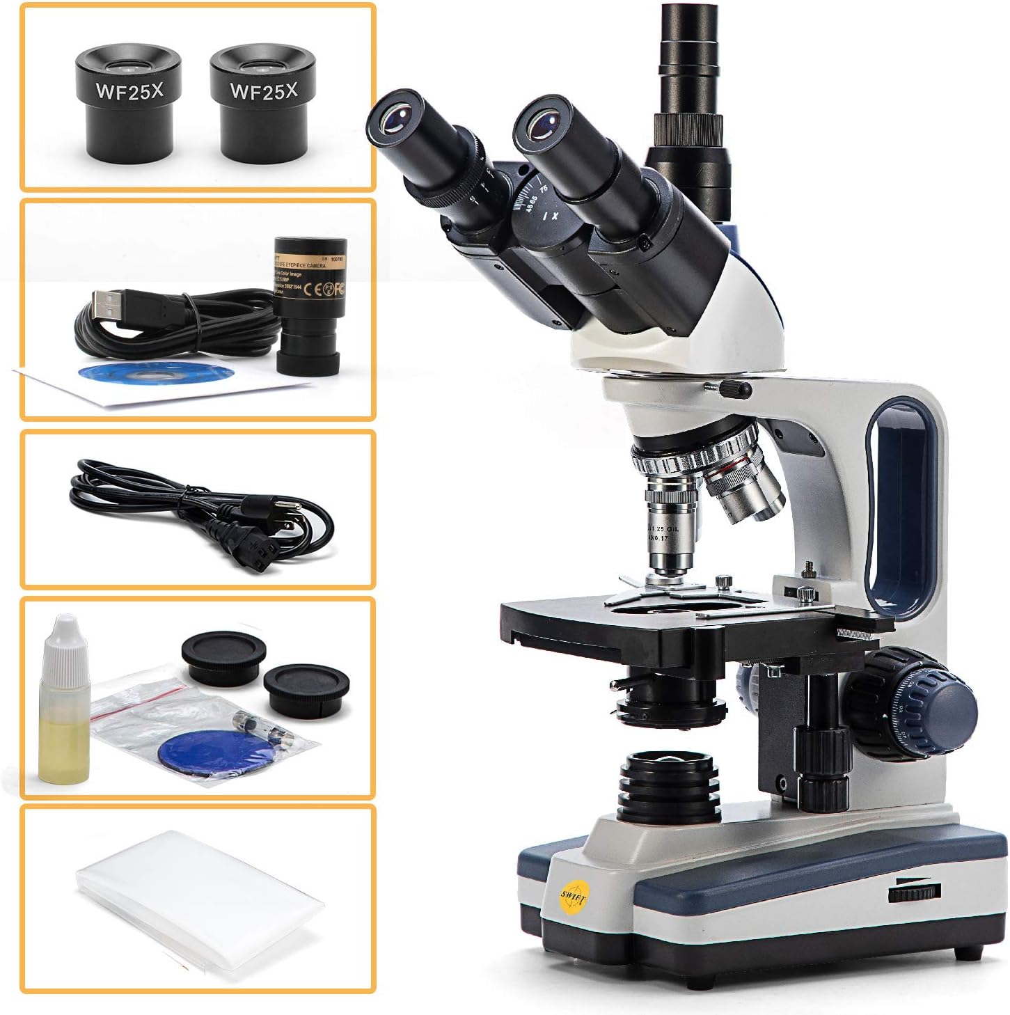 Trinocular Compound Microscope, 40X-2500X Magnification, Two-Layer Mechanical Stage M96650