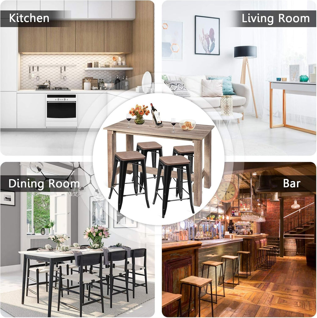 5 Pcs Industrial Counter Height Dining Table Set with 4 Metal Backless Barstools H85585
