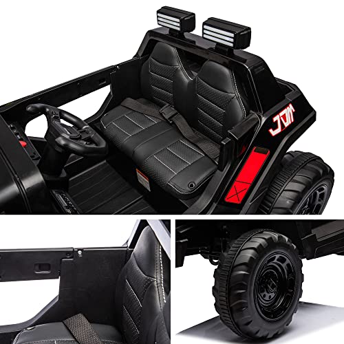 24V Electric Kid Car, 2-Seater Leather Seat Ride on Truck with Bluetooth Music USB, 4-wheel Shock Absorb (Black) E848476