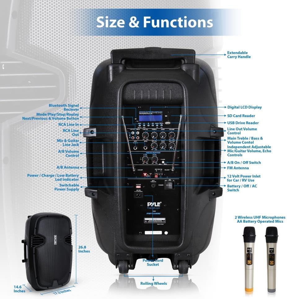 15" Bluetooth PA Speaker with 2 UHF Wireless Microphones, Black J7763