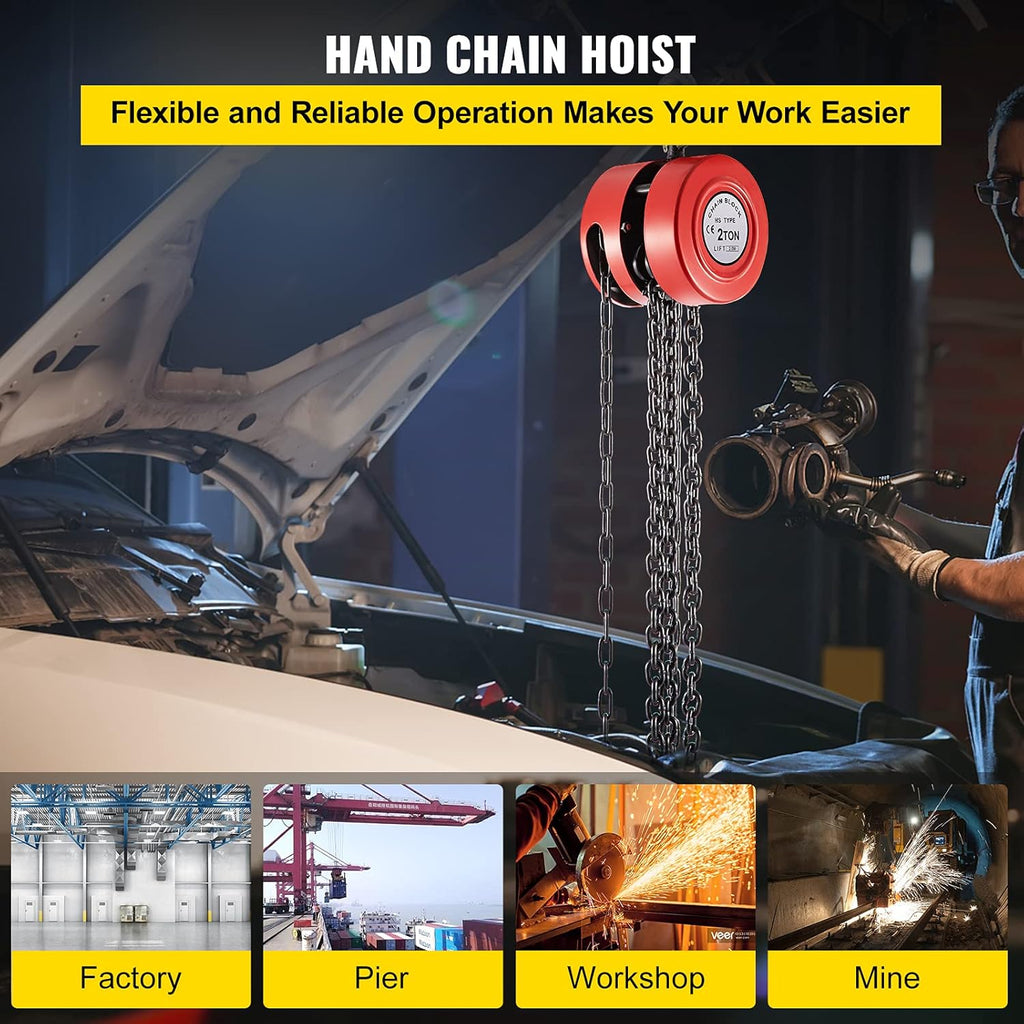 Red Pack of 2 Manual Hand Chain Hoist, 2 Ton Capacity, 8ft Lift F794020
