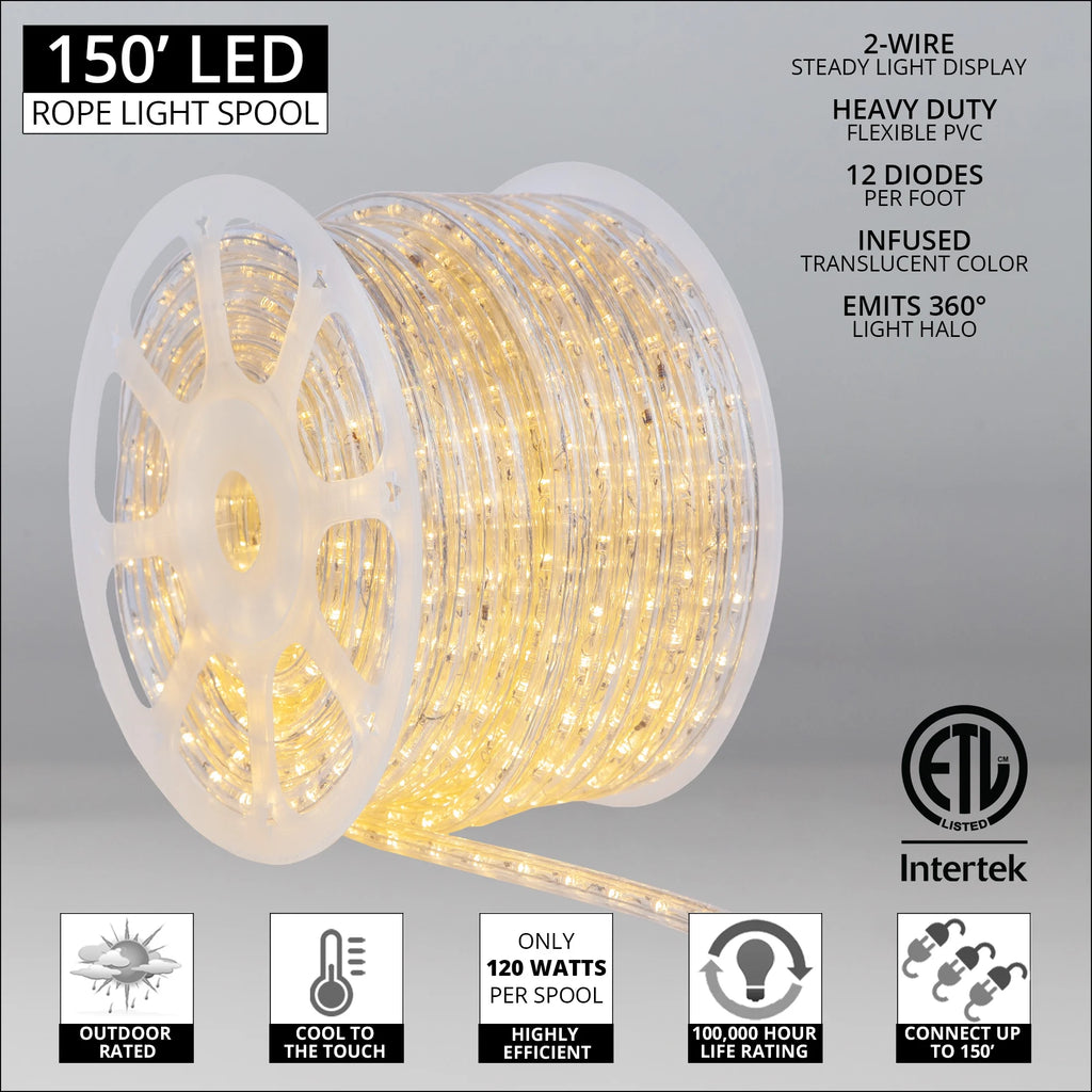 150 ft. Warm White LED Rope Light, 120V, 1/2 Inch, 2-Wire T428