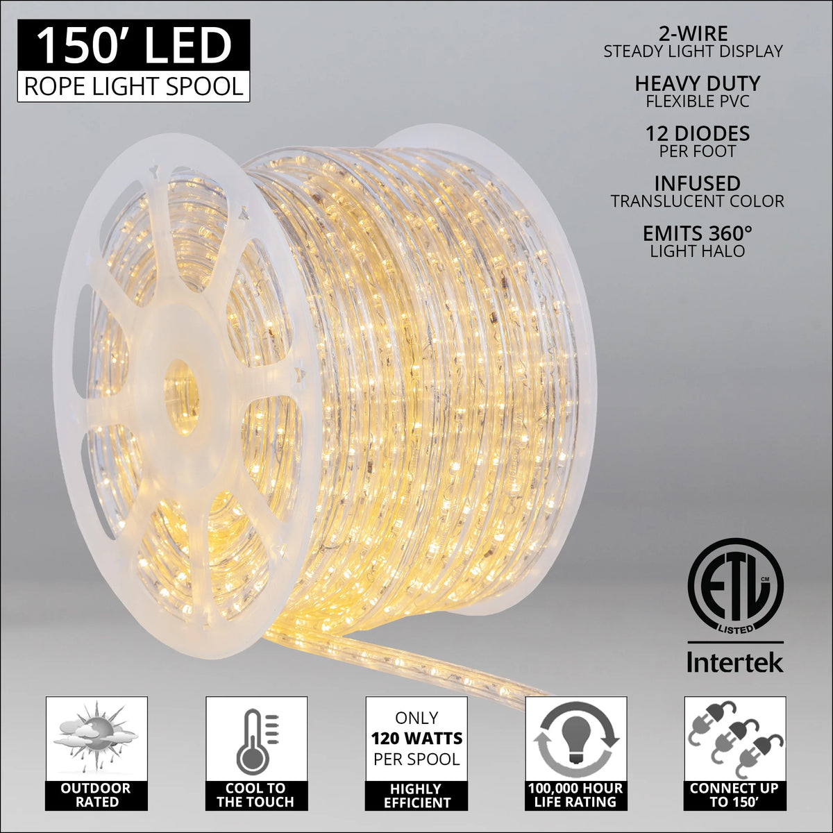 150 ft. Warm White LED Rope Light, 120V, 1/2 Inch, 2-Wire T428