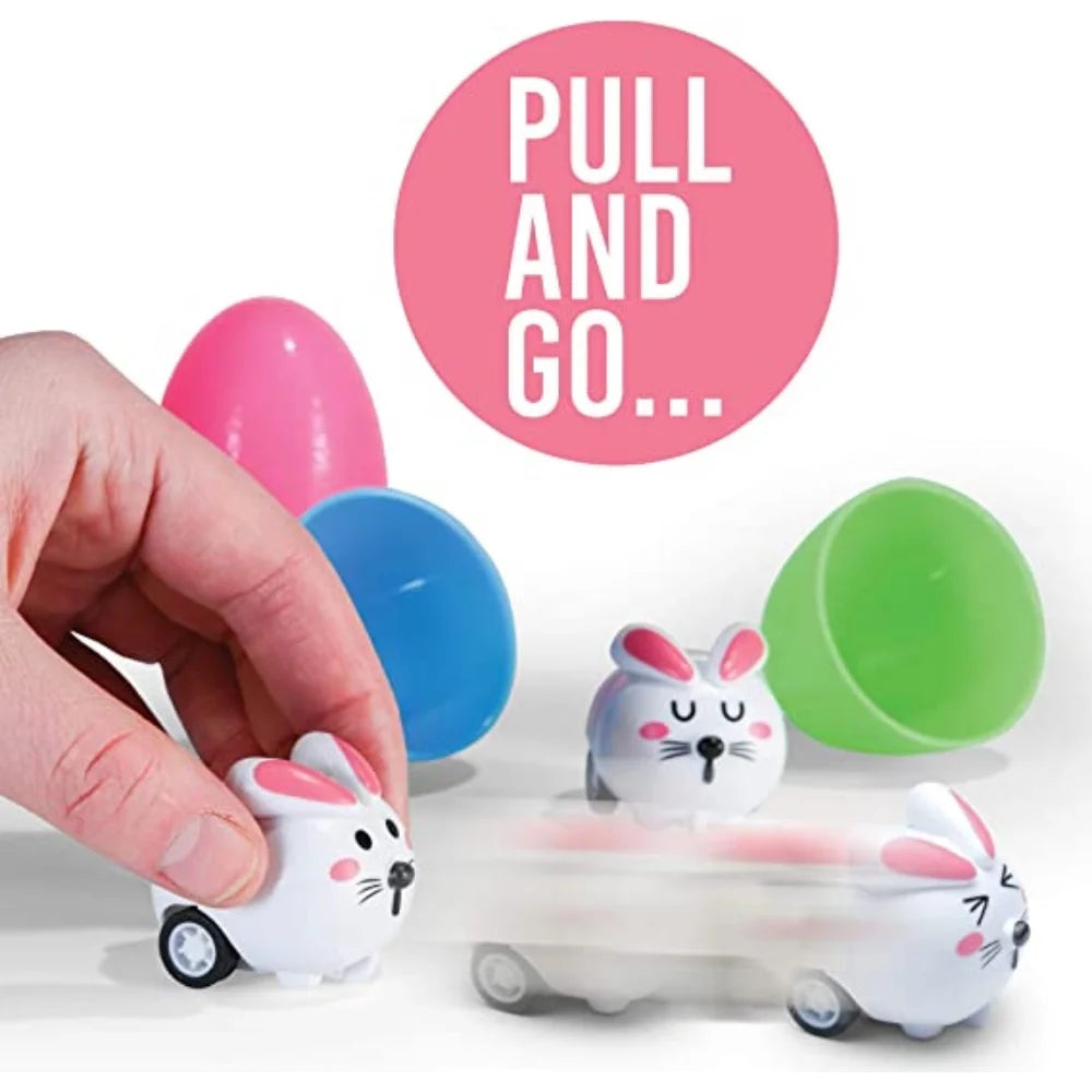 6 Toy Filled Easter Eggs with Mini Pull-n-Go Easter Bunnies D6820