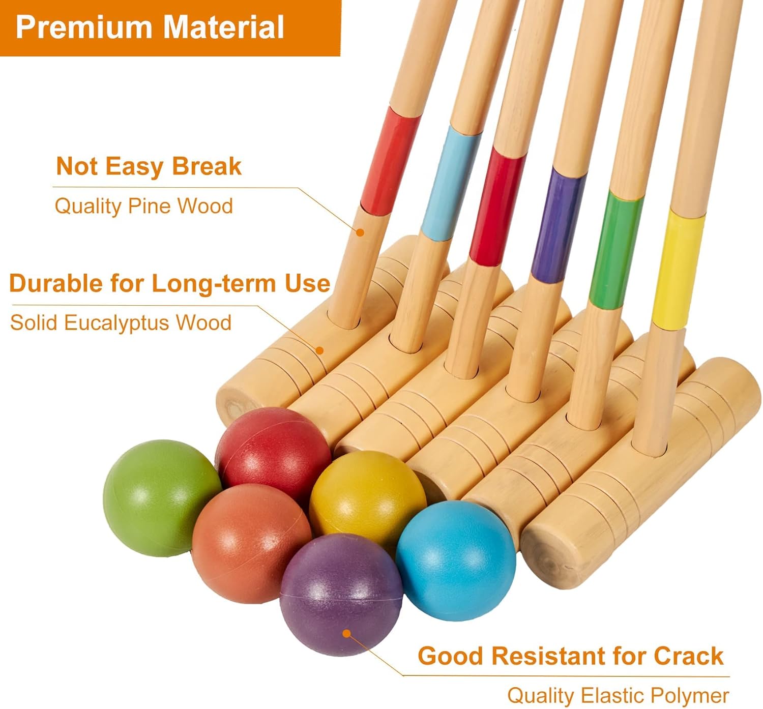 35In Six Players Croquet Set with Pine Wooden Mallets, Colored Ball, Wickets, Stakes, Large Carry Bag D77328