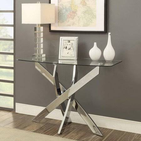 Tempered Glass Top Chrome Sofa Table with Criss Cross Metal Base G73930