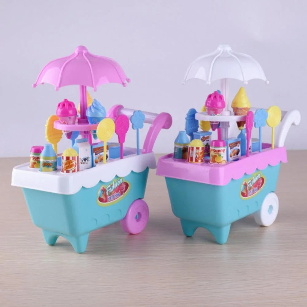 16 Piece Ice Cream Cart Toy Set with Umbrella Food Dishes X46709