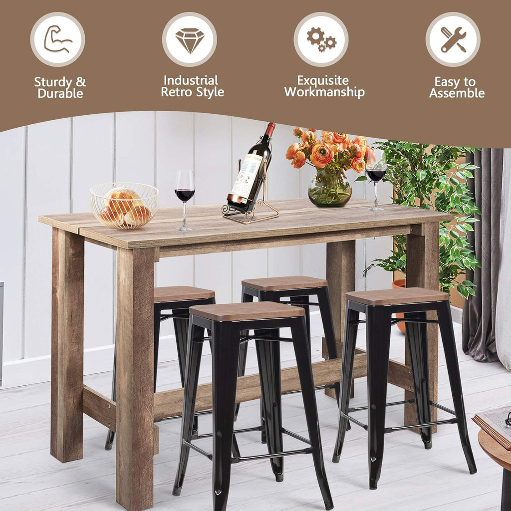 5 Pcs Industrial Counter Height Dining Table Set with 4 Metal Backless Barstools H85585
