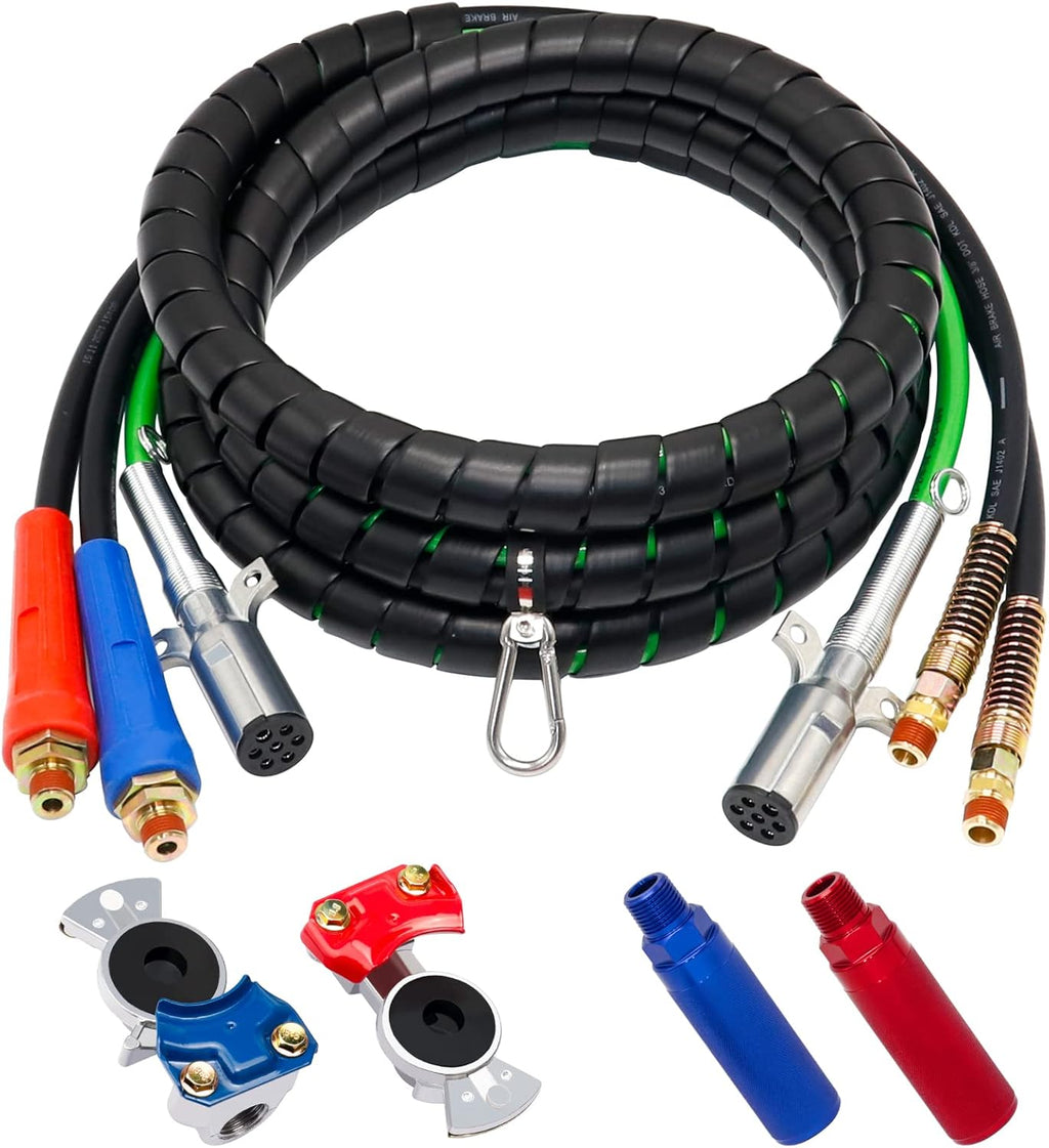 15Ft 3 in 1 ABS 7 Way Electrical Cable and Rubber Air Line Hose Wrap Assembly with Aluminum Service Emergency Glad Hands and Extension Handles for Semi Truck Trailer Tractor S53940