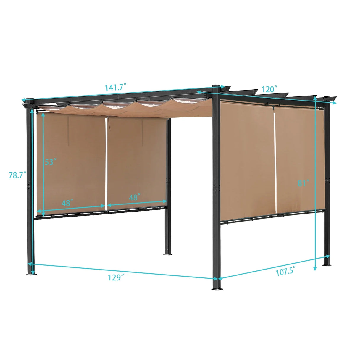 12 x 10 ft Outdoor Pergola with Retractable Shade Canopy, Dark Gray Matte Aluminum Frame, 4 Pieces Roller Shade Curtain B4081