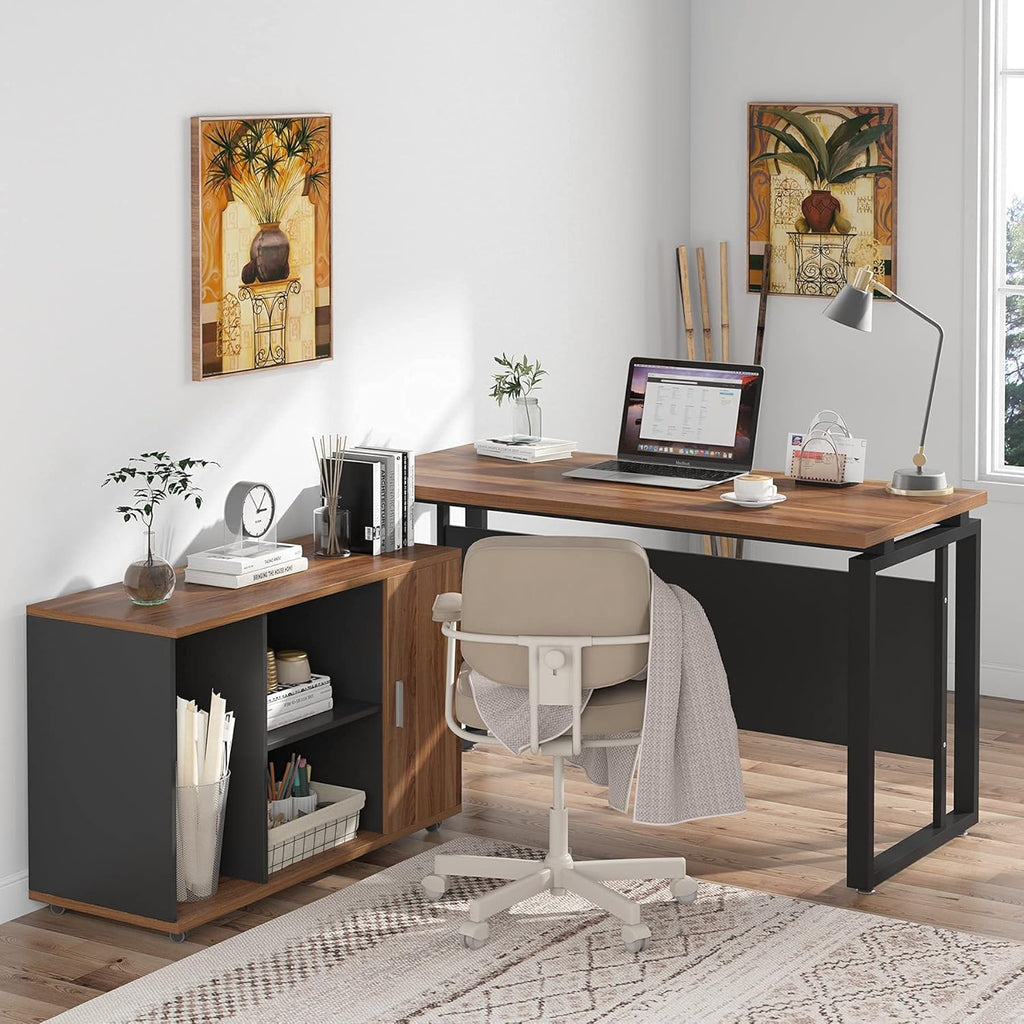 Dark Walnut Steel Gray L Shaped Desk with Storage Shelves and File Cabinet X432