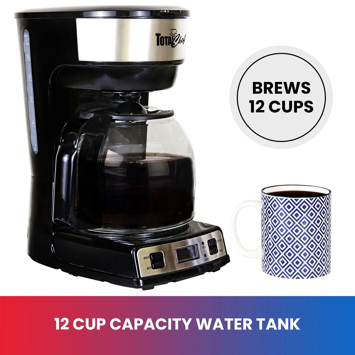 12-Cup 1.8 L Programmable Coffee Maker with Filter Black and Silver V86422