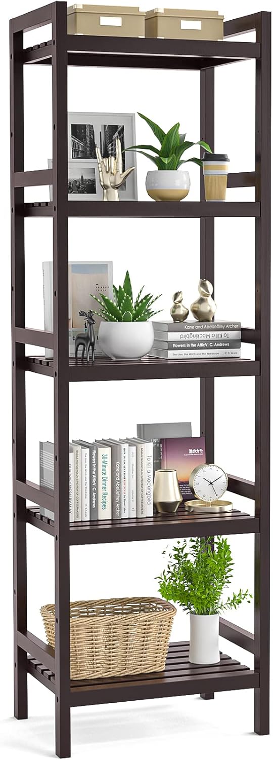 White 5-Tier Narrow Bamboo Bookshelf W2669