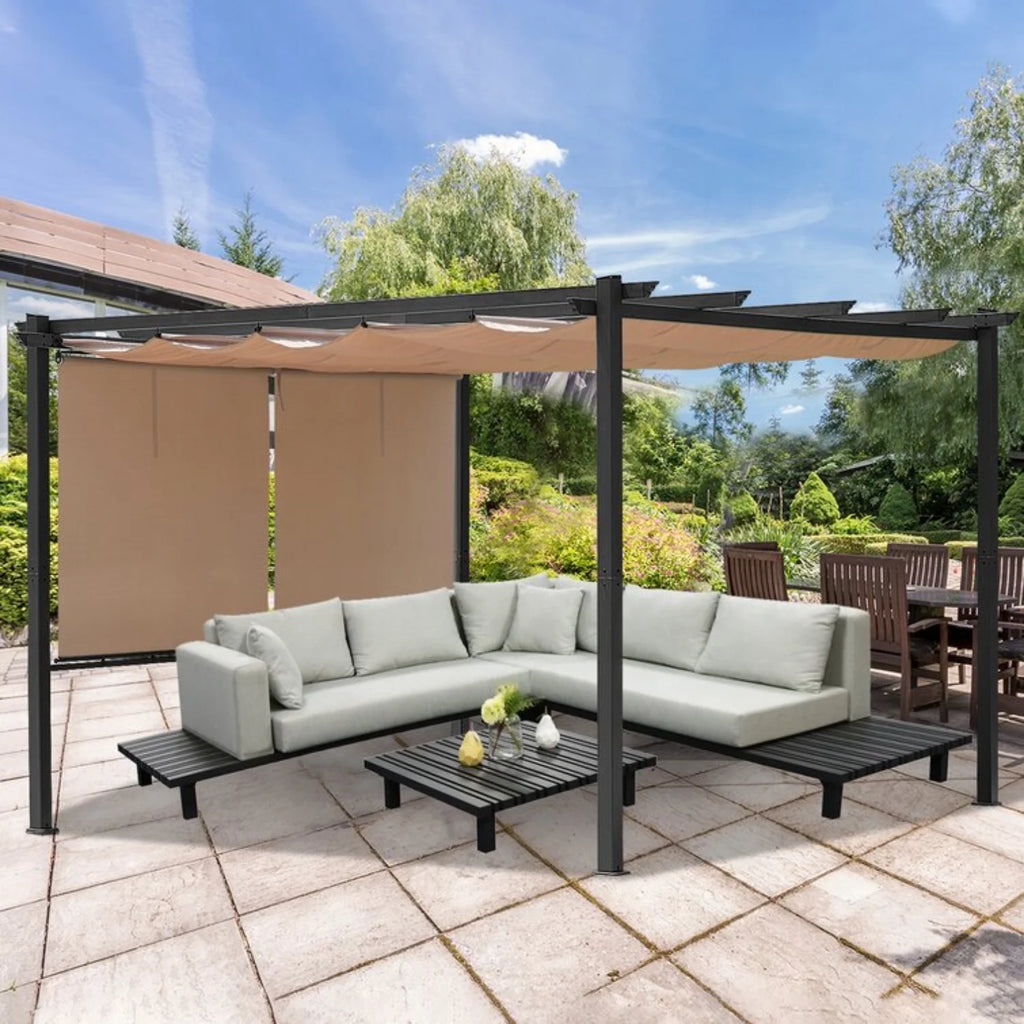 12 x 10 ft Outdoor Pergola with Retractable Shade Canopy, Dark Gray Matte Aluminum Frame, 4 Pieces Roller Shade Curtain B4081