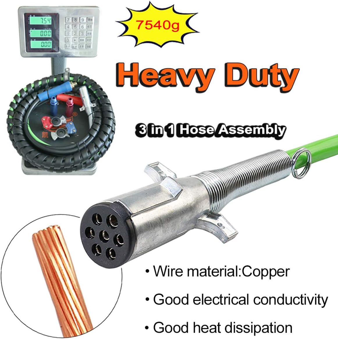 15Ft 3 in 1 ABS 7 Way Electrical Cable and Rubber Air Line Hose Wrap Assembly with Aluminum Service Emergency Glad Hands and Extension Handles for Semi Truck Trailer Tractor S53940