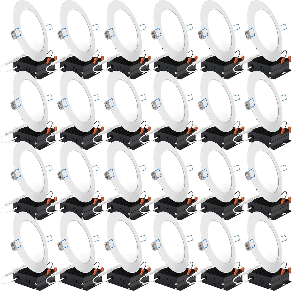 24 Pack 4 Inch Ultra Thin LED Recessed Ceiling Lights, 3000K Warm White, Dimmable 10W, 650 LM, Smooth Trim Damp Rated F937