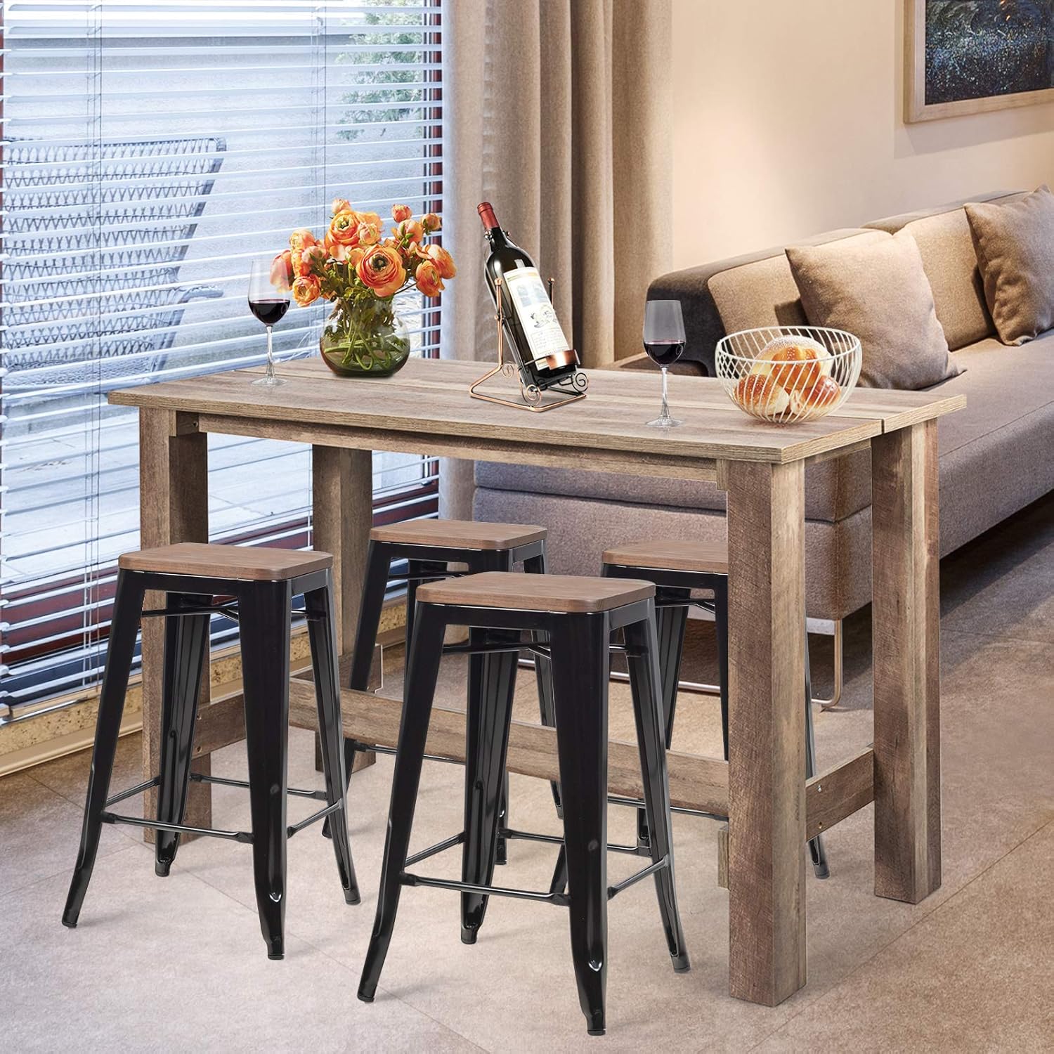 5 Pcs Industrial Counter Height Dining Table Set with 4 Metal Backless Barstools H85585