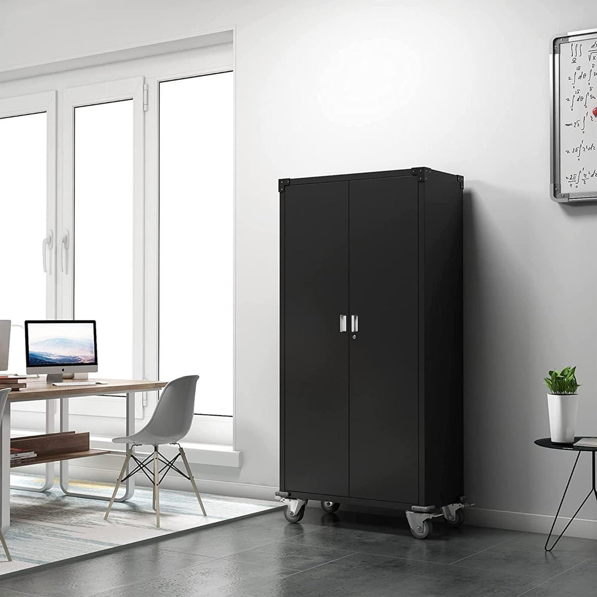 Black Metal Storage Cabinet with Wheels, 72 Inches I9021