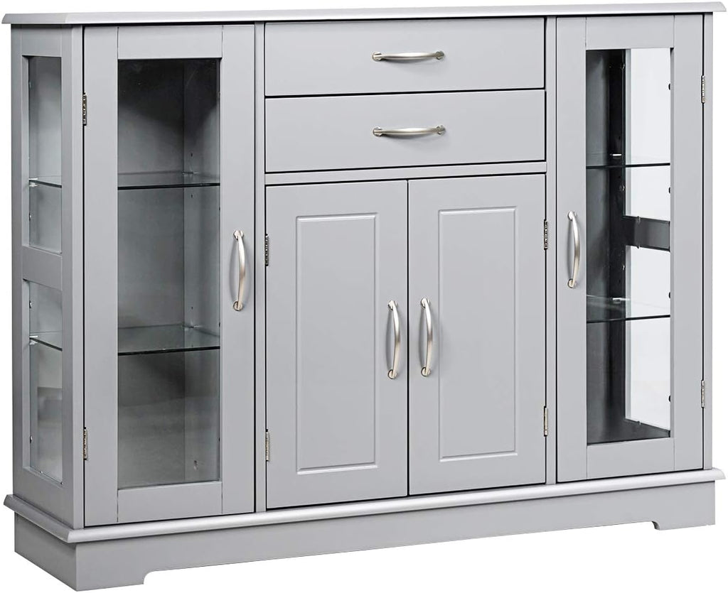 Gray Sideboard Buffet Server Storage Cabinet with 2 Drawers and Glass Doors Y824