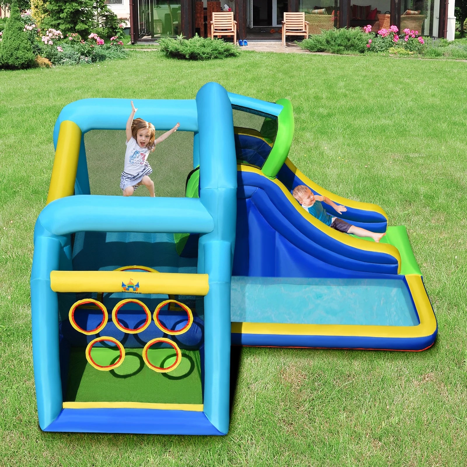 Inflatable Bouncer Climbing Bounce House Kids Slide Park Ball Pit with 550W Blower J981790