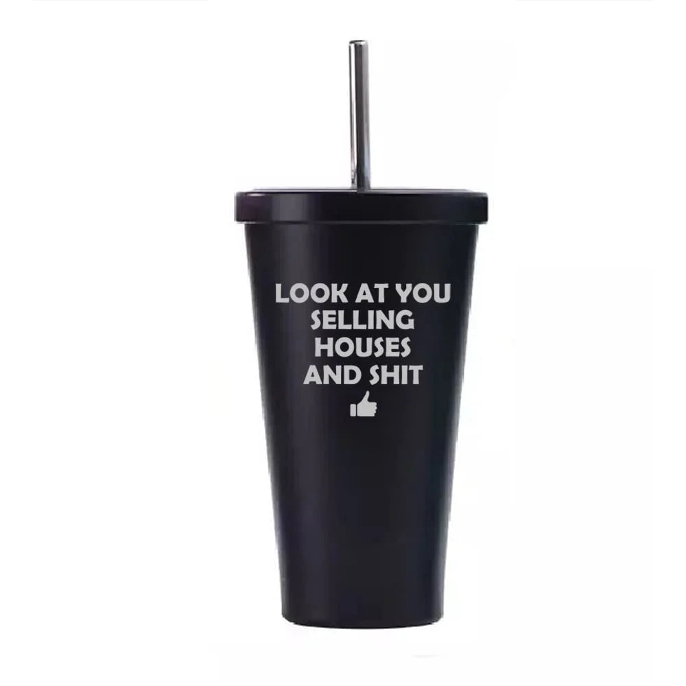 16 oz Stainless Steel Double Wall Insulated Tumbler Travel Mug with Straw F797