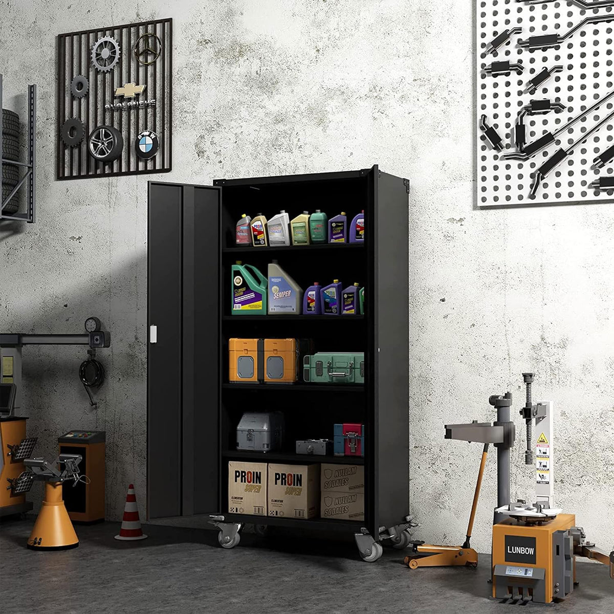 Black Metal Storage Cabinet with Wheels, 72 Inches I9021