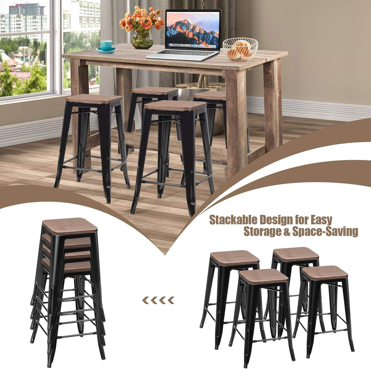 5 Pcs Industrial Counter Height Dining Table Set with 4 Metal Backless Barstools H85585