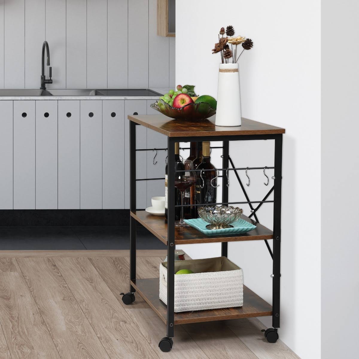 3-Tier Wood Kitchen Cart with Storage Space on Wheels D332945