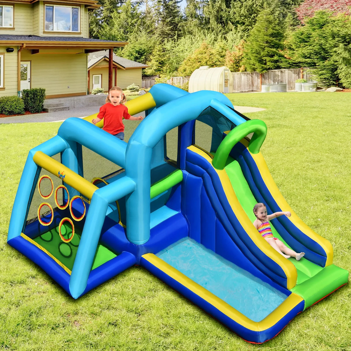 Inflatable Bouncer Climbing Bounce House Kids Slide Park Ball Pit with 550W Blower J981790