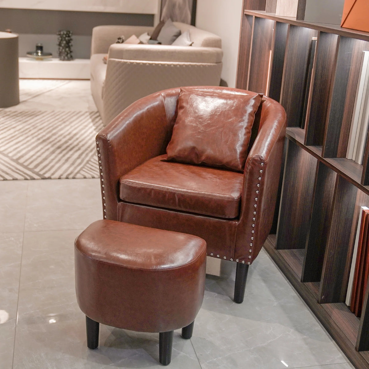 Brown Faux Leather Club Chair with Ottoman and 1 Pillow T417577