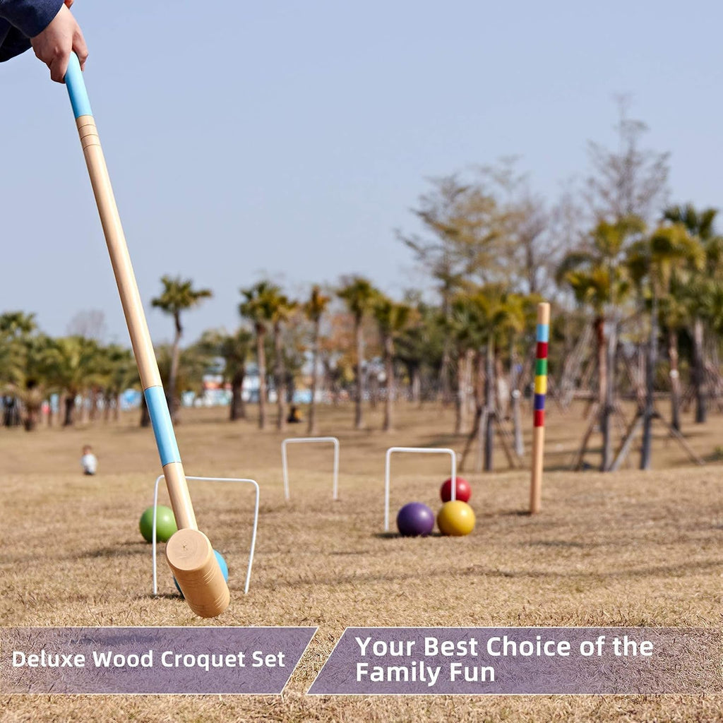35In Six Players Croquet Set with Pine Wooden Mallets, Colored Ball, Wickets, Stakes, Large Carry Bag D77328