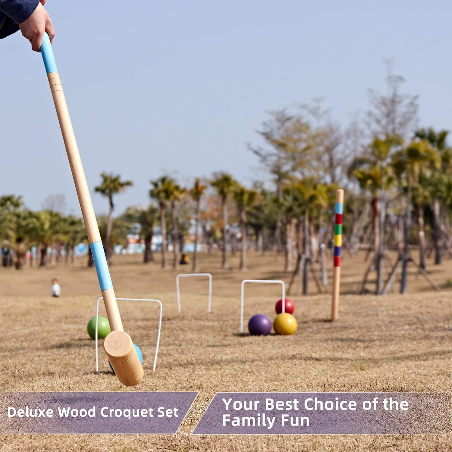 35In Six Players Croquet Set with Pine Wooden Mallets, Colored Ball, Wickets, Stakes, Large Carry Bag D77328