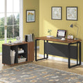 Dark Walnut Steel Gray L Shaped Desk with Storage Shelves and File Cabinet X432