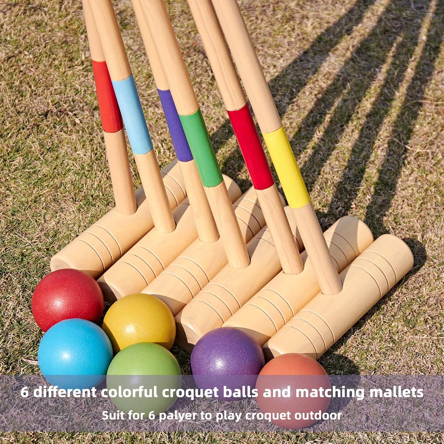 35In Six Players Croquet Set with Pine Wooden Mallets, Colored Ball, Wickets, Stakes, Large Carry Bag D77328