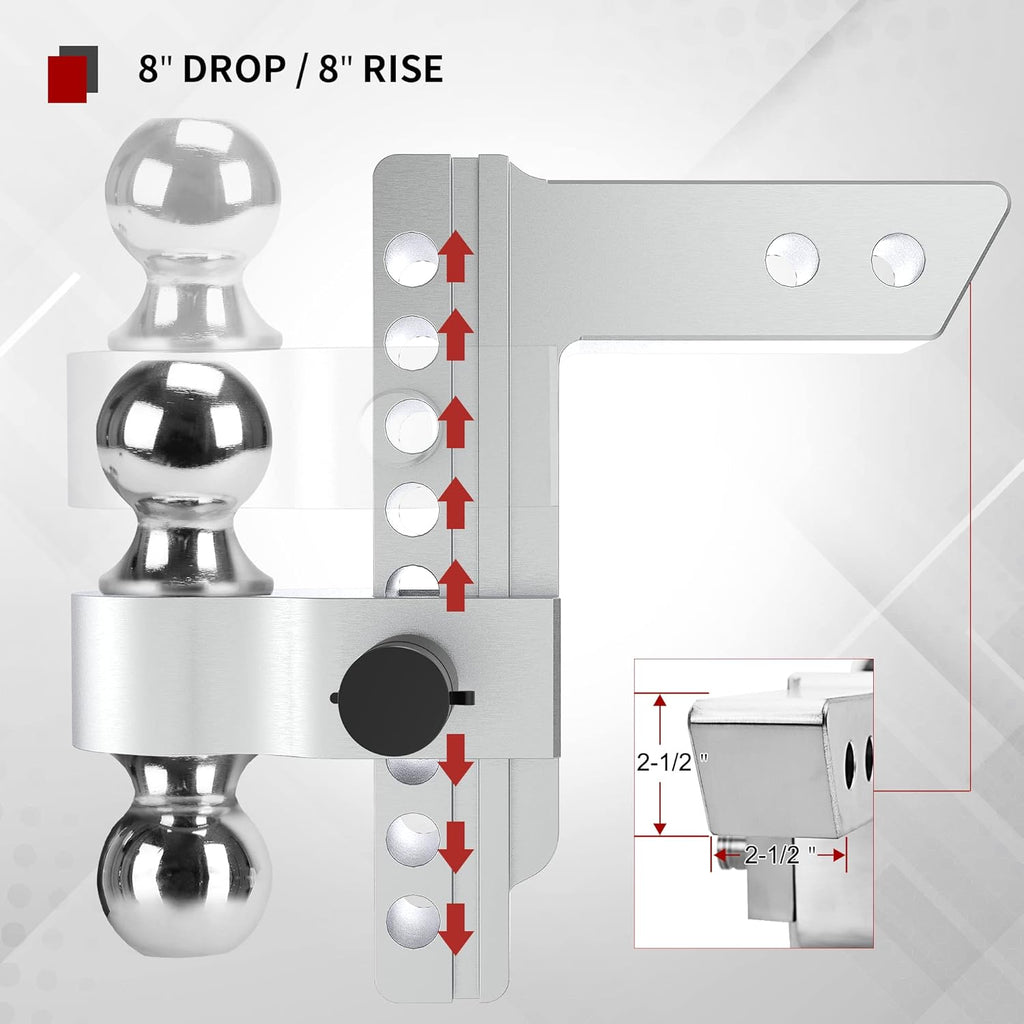 Adjustable Trailer Hitch Ball Mount, 2.5-Inch Receiver, 8-Inch Drop, Forged Aluminum Shank, 2-Inch and 2-5/16-Inch Combo Stainless Steel Tow Balls with Double Pin Key Locks N375
