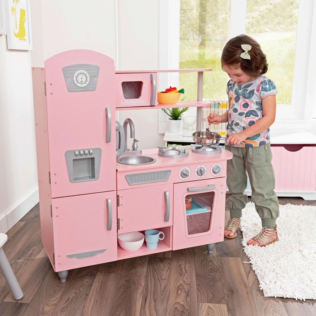 Pink Wooden Play Kitchen with Pretend Ice Maker and Play Phone J86006