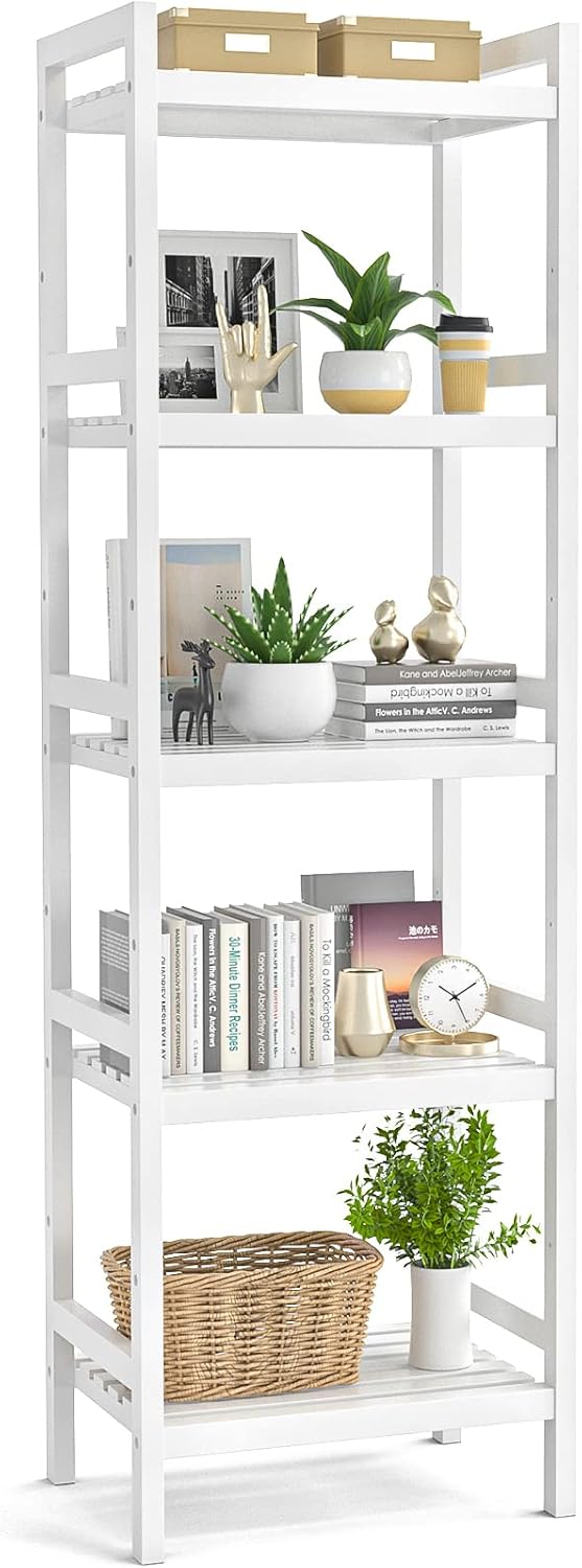 White 5-Tier Narrow Bamboo Bookshelf W2669