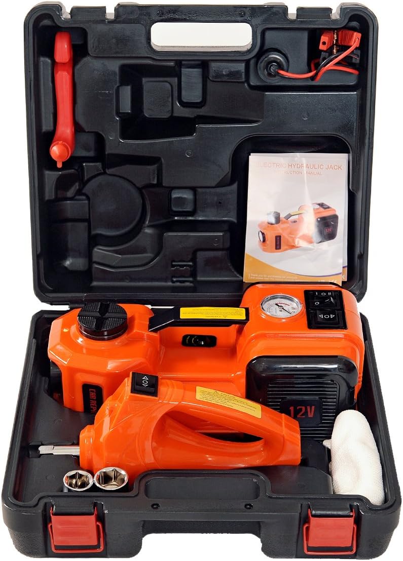 12V DC Electric Hydraulic Floor Jack and Tire Inflator Pump and LED Flashlight 3 in 1 Set with Electric Impact Wrench Car Repair Tool Kit L674801