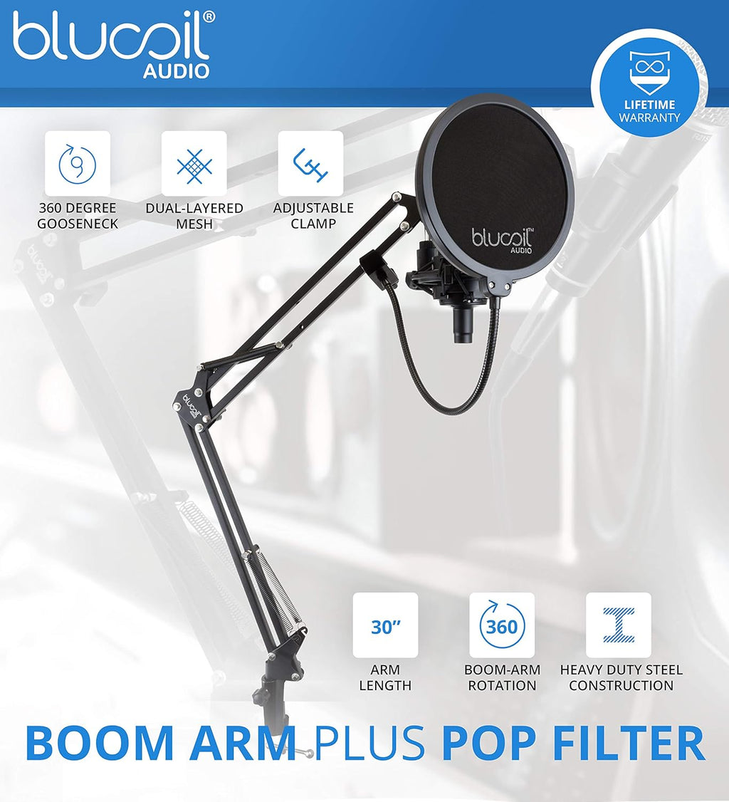 Cardioid Condenser Microphone Bundle with 12 Acoustic Foam Isolation Panel Wedges, 10' XLR Cable, Boom Arm, Pop Filter, and Headphones L70170