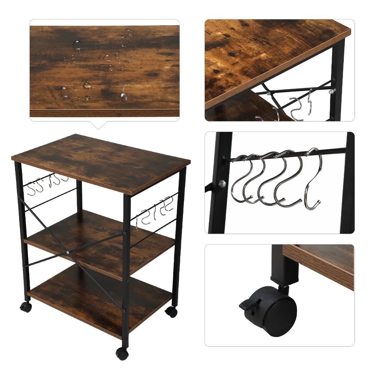 3-Tier Wood Kitchen Cart with Storage Space on Wheels D332945