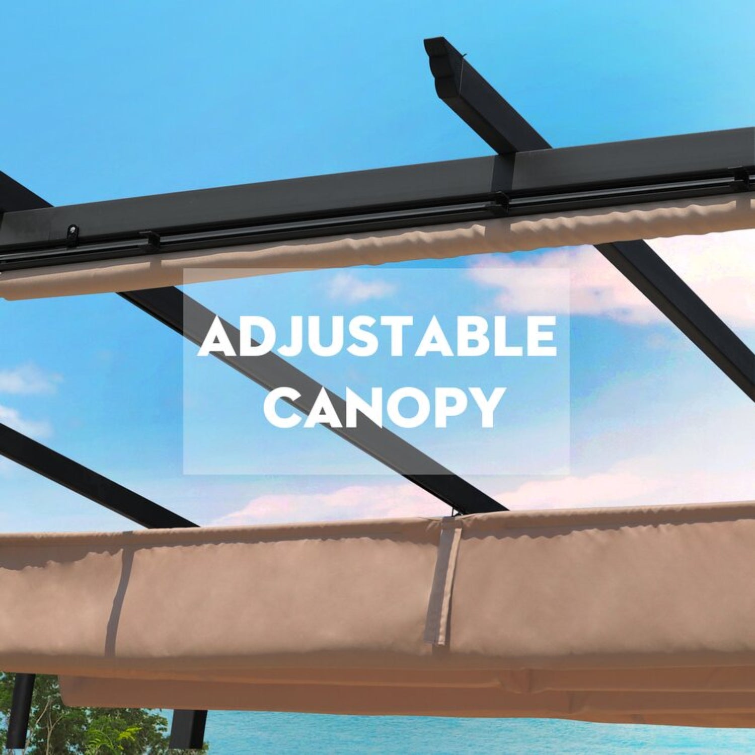 12 x 10 ft Outdoor Pergola with Retractable Shade Canopy, Dark Gray Matte Aluminum Frame, 4 Pieces Roller Shade Curtain B4081