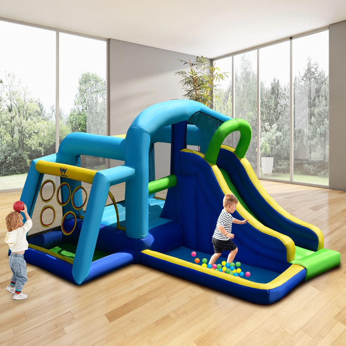 Inflatable Bouncer Climbing Bounce House Kids Slide Park Ball Pit with 550W Blower J981790