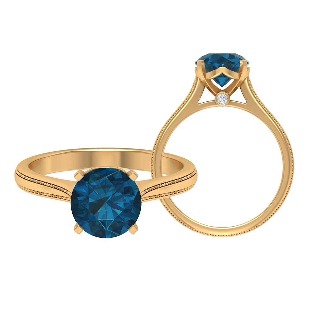 London Blue Topaz Ring with Surprise Diamond - 8 mm - 2 CT, 14K Yellow Gold, US 4.00 G72412