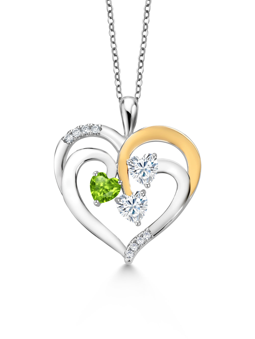 925 Two-Tone Sterling Silver Peridot and Moissanite Pendant Necklace, 1.34 Cttw, Heart Shape, 18 inch Chain C955230