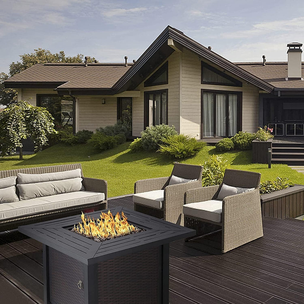 28 Inch 50,000 BTU Square Propane Fire Pit Table with Lid and Lava Stone N114