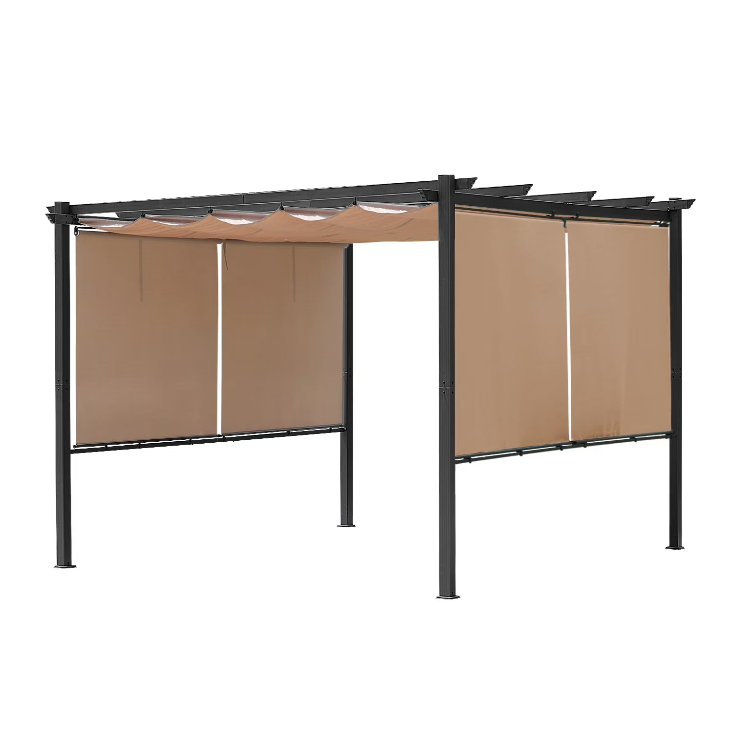 12 x 10 ft Outdoor Pergola with Retractable Shade Canopy, Dark Gray Matte Aluminum Frame, 4 Pieces Roller Shade Curtain B4081
