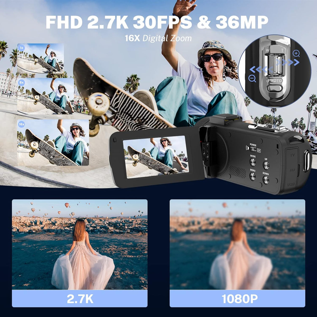 2.7K 30FPS 36MP 3.0 Inch IPS Touch Screen Camcorder with 2.4G Remote Control and Battery Charger U885345